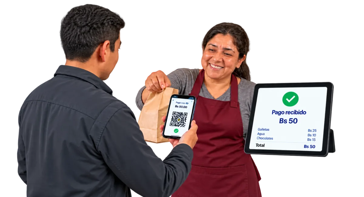 Una comerciante entrega un pedido mientras su pantalla muestra el pago recibido y el detalle de la cuenta