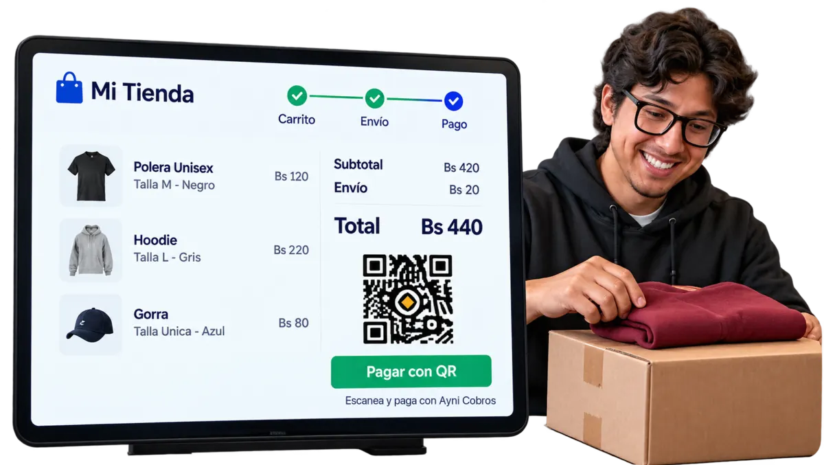 Un checkout en pantalla suma tres prendas y su envío, y muestra el código QR para pagar